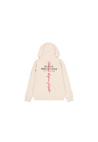 Sudadera de color beige claro con capucha ajustable, con un logotipo impreso en gris y rojo en la parte posterior, y un bolsillo en la manga para un toque adicional.