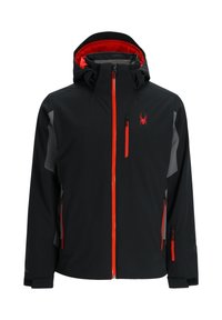 Black waterproof jacket with grey accents, red zipper, and logo. Features a hood, zippered pockets, and adjustable cuffs.