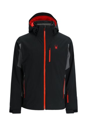 Giacca nera impermeabile con accenti grigi, zip rossa e logo. Presenta un cappuccio, tasche con zip e polsini regolabili.