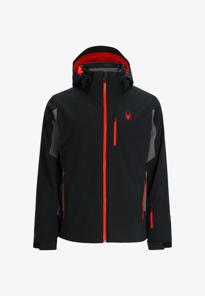 Giacca nera impermeabile con accenti grigi, zip rossa e logo. Presenta un cappuccio, tasche con zip e polsini regolabili.