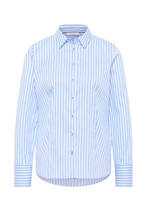 Blauw en wit verticaal gestreepte blouse met lange mouwen en een kraag, voorzijde met knoopsluiting en contrasterende manchetten. Gladde katoenen stof.