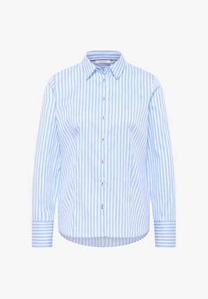 Blue and white vertically striped long-sleeve shirt with a collar, front button closure, and contrasting cuffs. Smooth cotton fabric.