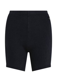Pantalones cortos ribeteados negros con un ajuste ceñido, que cuentan con una cinturilla ancha y un discreto detalle del logo en el lateral. Tejido suave y texturizado.