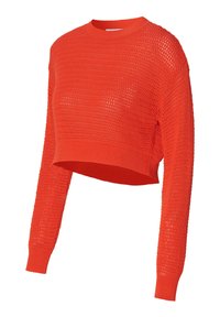Geknipt oranje sweater met een gestructureerd breipatroon, lange mouwen en een geribde halslijn en zoom. Het ontwerp heeft een open weefsel door het geheel.