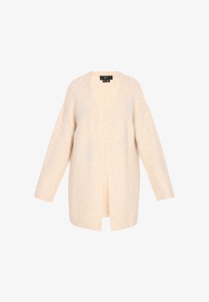 Beige cardigan with a v-neck, open front, and long sleeves. Features decorative embellishments on the front and a soft, textured fabric.