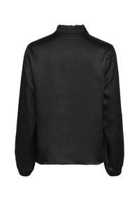 Top negro de manga larga con cuello con volantes y puños elásticos, con una textura suave y un diseño sencillo. Vista trasera mostrada.