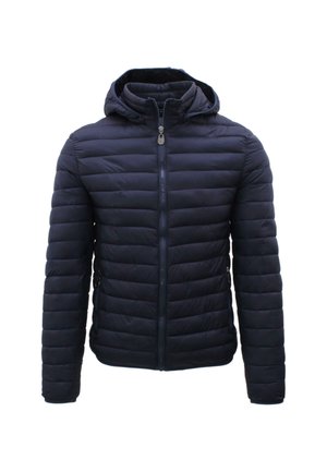 Giacca a vento imbottita blu navy, trapuntata, con cappuccio, zip frontale a lunghezza intera e tasche laterali. Tessuto liscio con cuciture orizzontali.