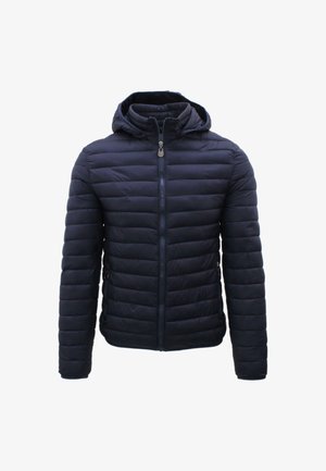 Giacca a vento imbottita blu navy, trapuntata, con cappuccio, zip frontale a lunghezza intera e tasche laterali. Tessuto liscio con cuciture orizzontali.