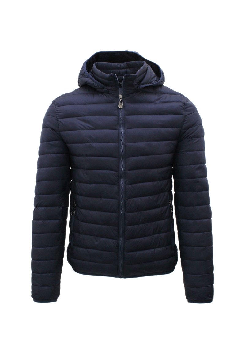 Giacca a vento imbottita blu navy, trapuntata, con cappuccio, zip frontale a lunghezza intera e tasche laterali. Tessuto liscio con cuciture orizzontali.