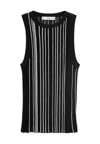 Top nero senza maniche con strisce verticali bianche. Realizzato in materiale a maglia testurizzata, con scollatura a girocollo e orlo grezzo.