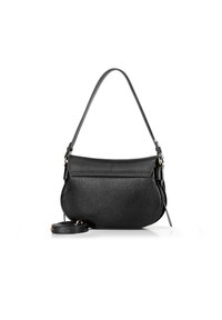 Sac à main en cuir noir avec une finition texturée, une forme courbée, une bandoulière ajustable et des ferrures dorées. Comprend une bandoulière amovible pour plus de polyvalence.