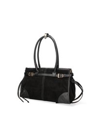 Borsa in suede nera con rifiniture in pelle nera, doppio manico superiore, fasce decorative con fibbie e una texture morbida. Ha angoli arrotondati.
