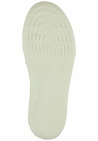 Suola di scarpa in gomma bianca con un motivo testurizzato a onda. Presenta marchi e indicazioni della misura stampati. Finitura superficiale liscia e resistente.