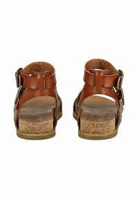 Brązowe skórzane sandały z korkową podeszwą, z otwartym tyłem, regulowanym paskiem z klamrą oraz wycięciami na palce i pięty.