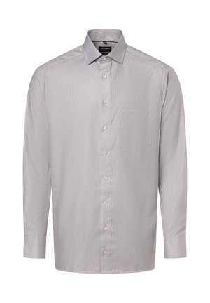 Long-sleeved button-up shirt in light gray with a checkered pattern. Features a classic collar, pocket, and white buttons.