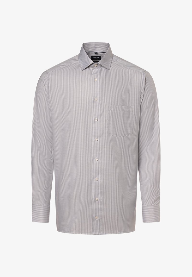 Langarm-Hemd in Hellgrau mit kariertem Muster. Verfügt über einen klassischen Kragen, eine Tasche und weiße Knöpfe.