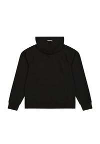 Sudadera con capucha negra hecha de una tela suave. Presenta un bolsillo tipo canguro, puños acanalados y una textura lisa con líneas elegantes.