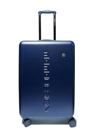 Valigia rigida blu navy con quattro ruote girevoli, manico telescopico e logo "mimodesign" verticale impresso sul davanti.