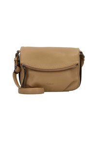 Braune Leder-Crossbody-Tasche mit strukturiertem Finish, einem Reißverschlussfach auf der Vorderseite, verstellbarem Tragegurt und dezent eingeprägt Logo auf der Vorderseite.