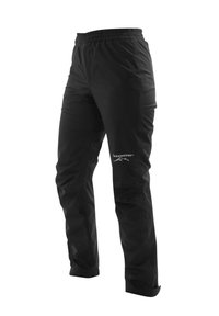 Zwarte waterdichte broek met een elastische tailleband, een gladde textuur, taps toelopende benen en een logo gedrukt aan de onderkant aan de linkerkant.