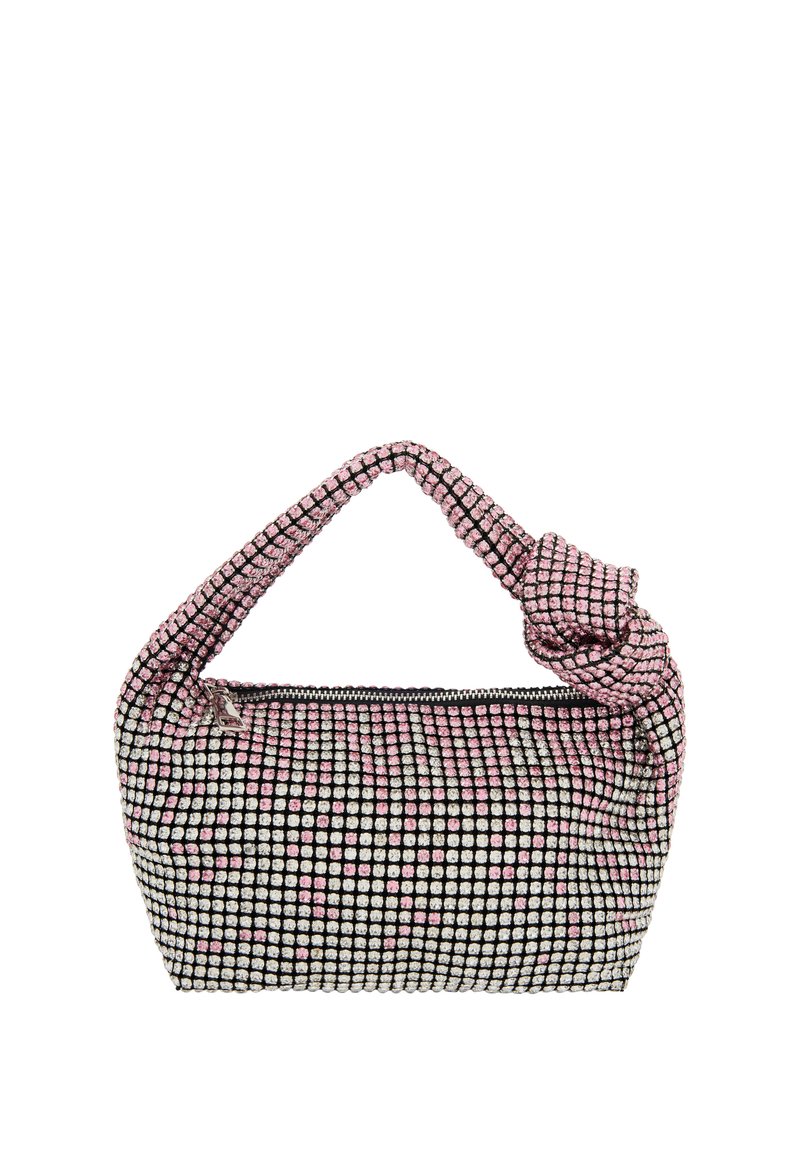 Liten handväska med svart botten täckt av växlande rosa och silverfärgade rhinestones. Har en knuten handtag och dragkedjestängning.
