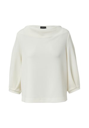 White long-sleeve blouse with wide boat neckline and loose sleeves, displayed on a plain white background.