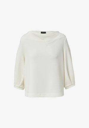White long-sleeve blouse with wide boat neckline and loose sleeves, displayed on a plain white background.