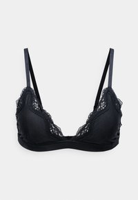 Bralette noir avec une base en tissu lisse, des accents en dentelle sur les bords et des bretelles ajustables pour un ajustement personnalisable.