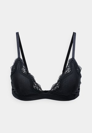 Zwarte bralette met een gladde stoffen basis, kanten accenten aan de randen en verstelbare bandjes voor een aanpasbare pasvorm.