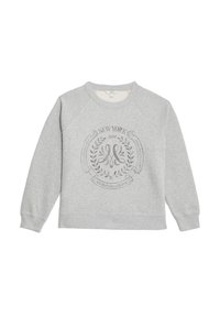 Felpa grigia con collo rotondo e maniche raglan. Presenta un design stampato con "New York 1984" e "Manhattan Athletic" in grigio scuro.
