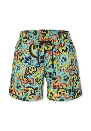 Pantaloncini da bagno con un vivace motivo multicolore con volti sorridenti e forme floreali, realizzati in tessuto leggero con elastico in vita.