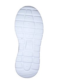 Semelle de chaussure en gomme blanche avec un motif texturé, comportant des formes rectangulaires et hexagonales pour l'adhérence, et un logo visible au centre.