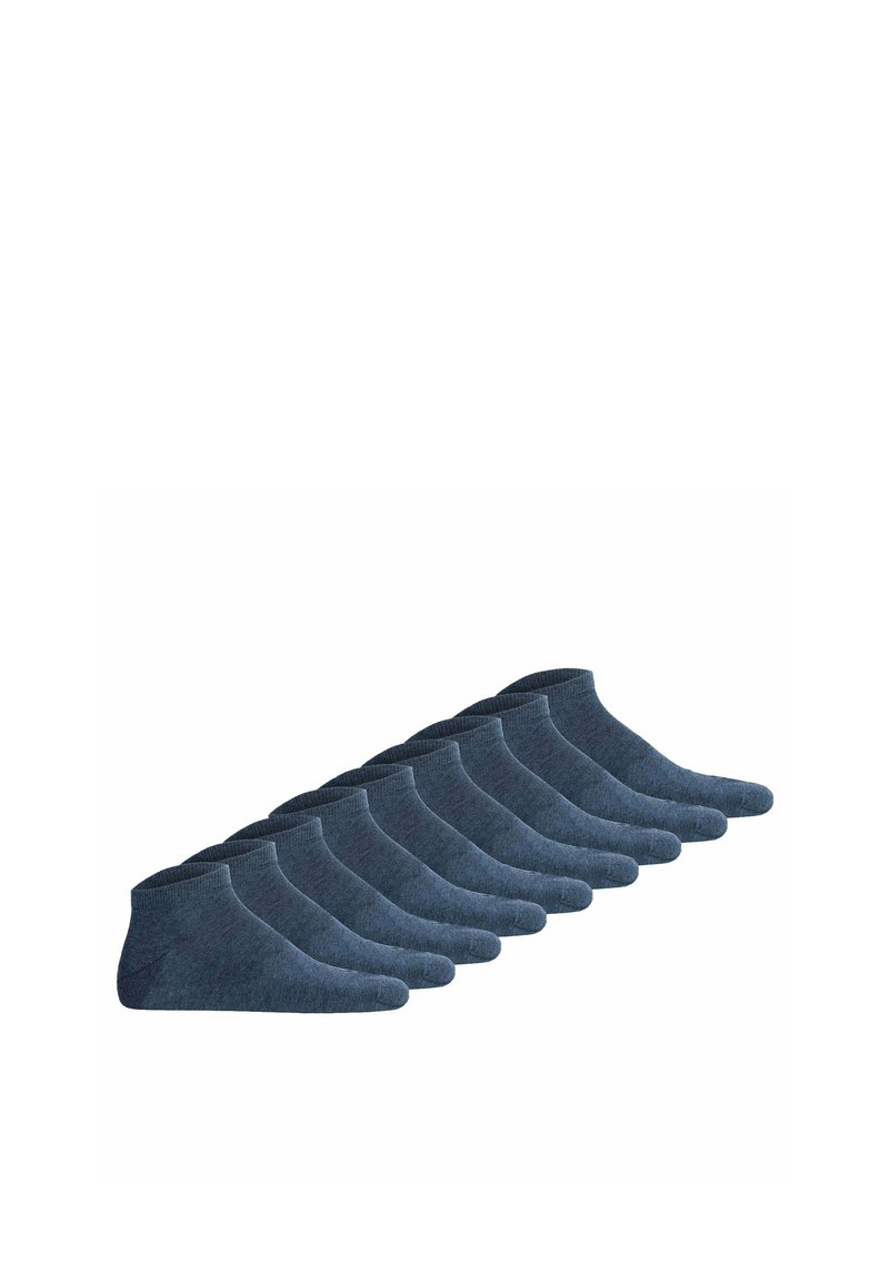Zehn Paare dunkelblauer Baumwollsocken im tiefen Schnitt, mit einer weichen Textur und gerippten Bündchen. Jeder Socke hat eine einheitliche Farbe.
