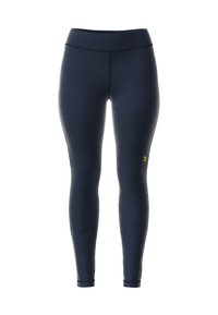 Marineblauwe legging met een gladde textuur, een hoge tailleband en een klein geel logo op de onderste linkerpijp. Ontworpen voor actieve kleding.