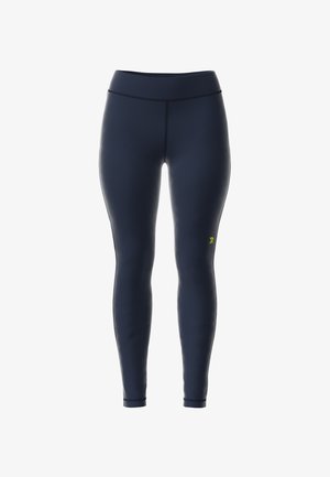 Marineblaue Leggings mit glatter Textur, hohem Bund und kleinem gelben Logo am unteren linken Bein. Designed für aktive Nutzung.