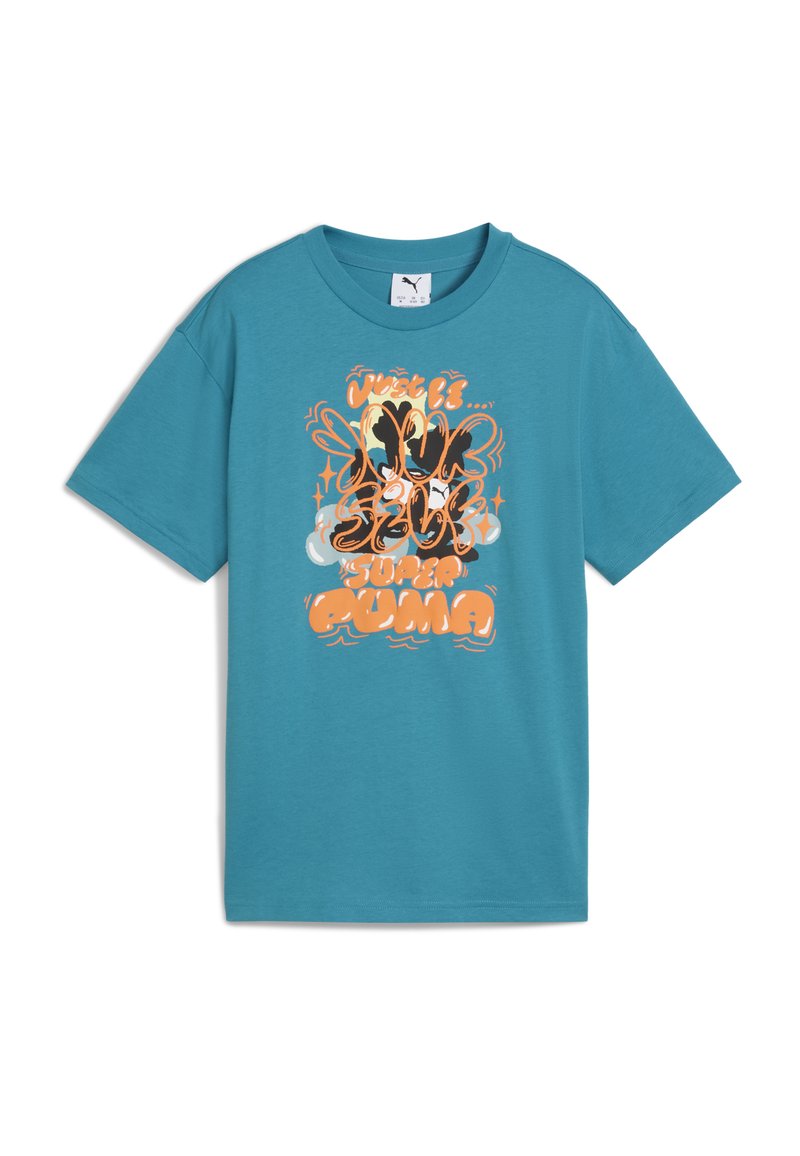 Turquoise short-sleeve t-shirt featuring a graphic print with abstract text in orange and black. Soft cotton material with crew neck design.