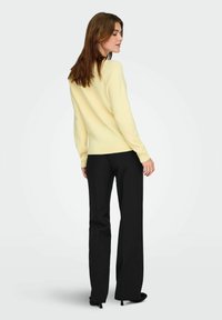 Pull en mailles jaune clair avec des manches longues, associé à un pantalon noir sur mesure. Le tissu semble doux et présente un design simple sans motifs.