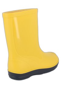 Geel rubberen regenlaars met een gladde, glanzende oppervlakte, contrasterende donkere zool en een afgerond te ontwerp. Geschikt voor natte omstandigheden.