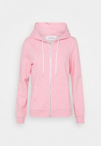 Felpa rosa con zip realizzata in tessuto morbido. Presenta un cappuccio, cordini bianchi e due tasche frontali. I polsini sono a coste per una vestibilità aderente.