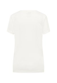 T-shirt bianco a maniche corte con una texture morbida e liscia. Presenta un collo rotondo, un design semplice e una forma rettangolare pulita.