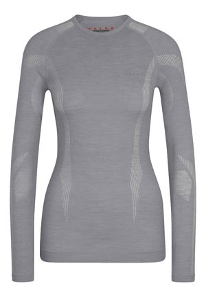 Maglietta sportiva a maniche lunghe di colore grigio chiaro, realizzata in un tessuto morbido e elastico con dettagli testurizzati e un design aderente.