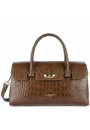 Borsa a mano in pelle marrone con stampa a coccodrillo, dalla forma strutturata, con manici superiori doppi, tracolla rimovibile e chiusura in metallo dorato.