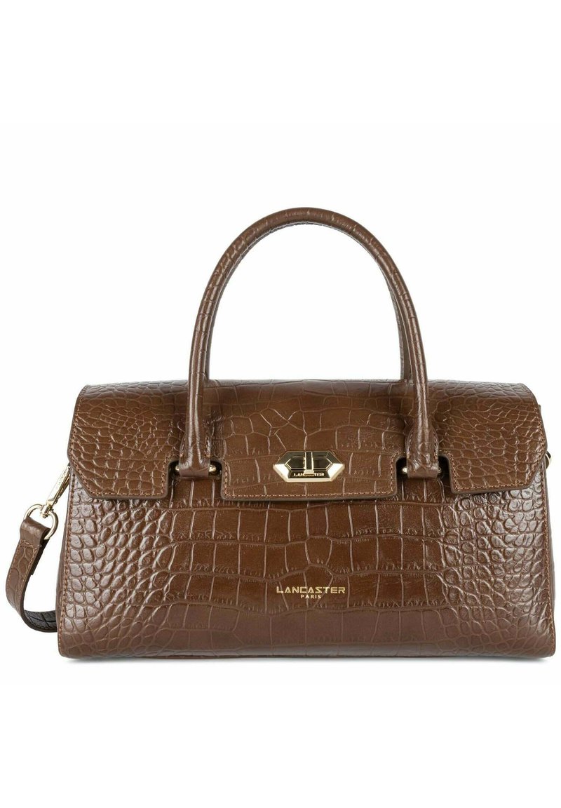 Sac à main en cuir brun embossé crocodile avec une forme structurée, deux poignées supérieures, une bandoulière amovible et une fermeture en métal doré.