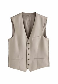 Gilet sans manches beige avec un décolleté en V profond, six boutons, deux poches avant et une doublure intérieure lisse. Tailleur avec des détails de couture subtils.