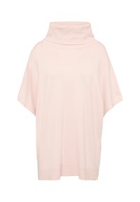 Helles rosa Sweatshirt mit Stehkragen, kurzen Ärmeln, lockerer Passform und feiner Stricktextur. Einfaches Design ohne sichtbare Muster oder Akzente.