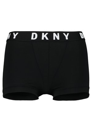 Svarta boxerkalsonger i mjukt tyg, med en bred elastisk midjeband där den vita "DKNY"-logotypen är tydligt framhävd.
