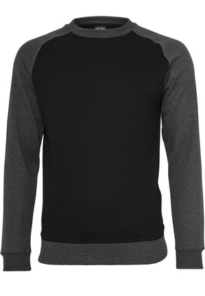 Svart sweatshirt med raglanärmar i grått. Har en rund halsringning och ribbade ärmslut. Mjuk tyg med en slät yta. Enkel design.