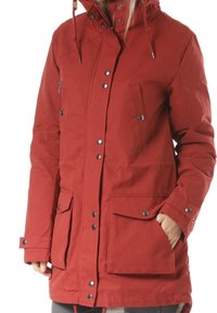 Veste rouge imperméable avec fermeture éclair et bouton pression, deux poches avant, capuche réglable et intérieur matelassé pour plus de chaleur.