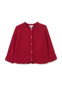 Roter gestrickter Cardigan mit langen Ärmeln, rundem Halsausschnitt und Knopfverschluss. Mit dekorativem Häkelbesatz am Saum und Herzlogo-Detail.