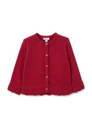 Roter gestrickter Cardigan mit langen Ärmeln, rundem Halsausschnitt und Knopfverschluss. Mit dekorativem Häkelbesatz am Saum und Herzlogo-Detail.